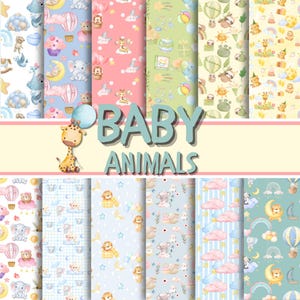 Könnte beinhalten: Eine Sammlung digitaler Papiere zum Thema Babytiere. Die Muster zeigen Elefanten, Giraffen, Löwen und Bären mit Luftballons, Wolken und Heißluftballons. Der Text "BABY ANIMALS" wird in der Mitte angezeigt. Die Farbpalette umfasst Pastellrosa, Blau, Grün und Gelb.