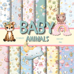 Papier numérique pour scrapbooking bébés animaux - Motifs pastel pour chambre de bébé pour journal, cartes et bricolage