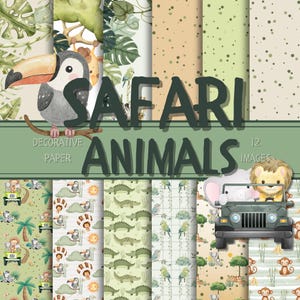 Carta per scrapbooking digitale con cuccioli di safari – Sfondi e cornici della giungla 12" x 12" / Pacchetto di carta stampabile