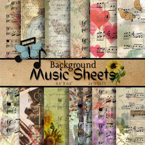 Printable Whimsical Vintage Sheet Music Paper – 12x12&quot; Scrapbook Pages, 300 DPI JPGs, Antique Collage, Instant Download – Digital 12 Pack