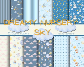 Baby Nursery Digital Paper Pack - 32 Scrapbook Papers - 12x12 Dreamy Sky Nursery Patterns