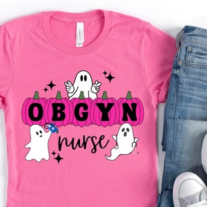 Trendy Pink OBGYN Nurse Halloween Retro Ghost & Pumpkin Shirt for Obstetrics and Gynecology Hospital Staff/Squad/Crew/Unit. Cute Spooky Tee.
