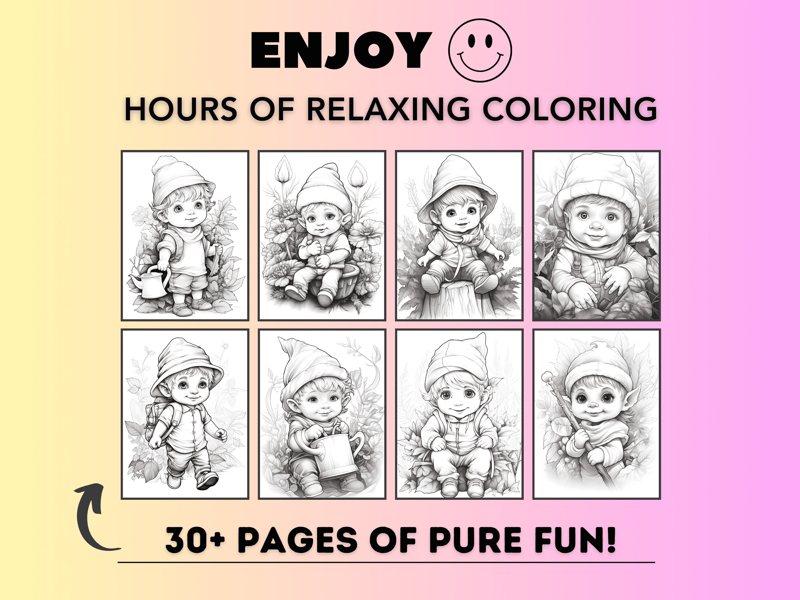 35 Baby Gnomes Grayscale Coloring Pages for Adults, Printable PDF, Gnome Art, Gnome ...