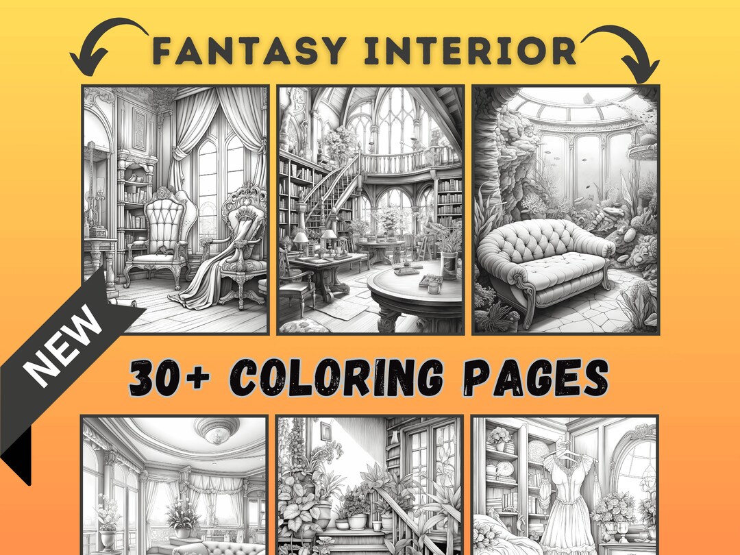 35 Fantasy House Interior Coloring Pages for Adults, Grayscale Coloring ...