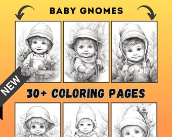 35+ Baby Gnomes Grayscale Coloring Pages for Adults, Printable PDF, Gnome Art, Gnome Illustrations Coloring Book