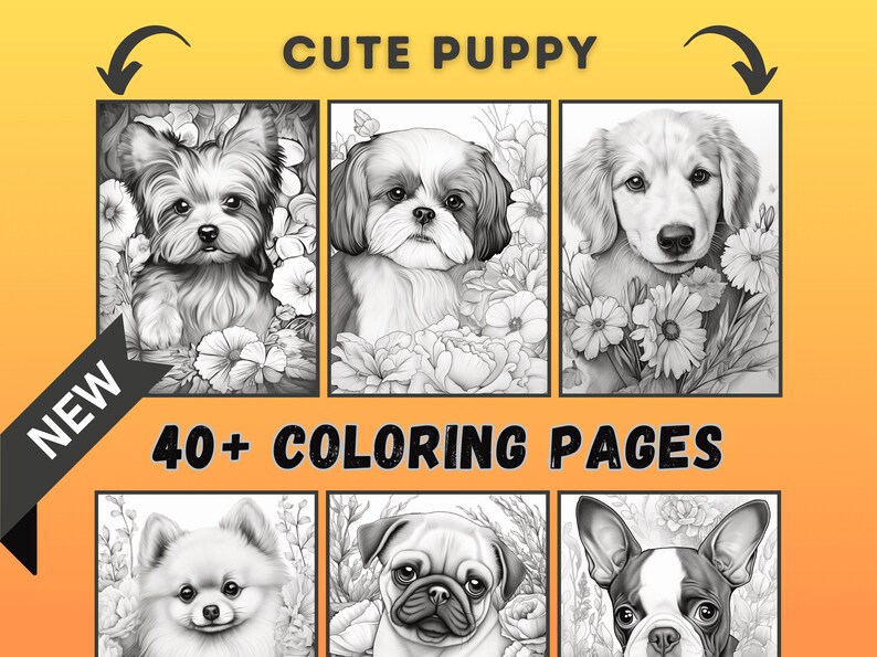 40 Cute Puppy Coloring Pages for Adults, Grayscale Coloring Book ...