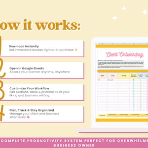 Op de afbeelding: Een digitale planner weergegeven op een laptopscherm, met een spreadsheet getiteld "Client Onboarding". De afbeelding bevat stappen: downloaden, openen in Google Sheets, workflow aanpassen en plannen. De tekst onderaan luidt: Een compleet productiviteitssysteem perfect voor overweldigde ondernemers.