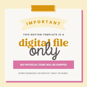 Op de afbeelding: Een cr&egrave;me-kleurige digitale bestandsaankondiging met een roze rand en een gouden plakbandstrip aan de bovenkant. De tekst luidt "IMPORTANT", "digital file only" en "NO PHYSICAL ITEMS WILL BE SHIPPED".