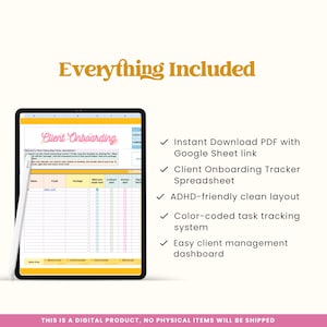 Op de afbeelding: Een afbeelding van een digitaal product met een tablet waarop een "Client Onboarding" spreadsheet wordt weergegeven. De afbeelding bevat de tekst "Everything Included" en vermeldt functies zoals een direct downloadbare PDF en een client onboarding tracker.