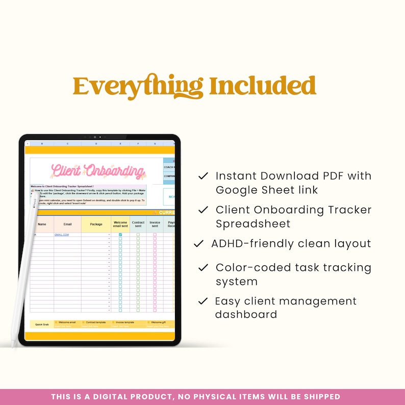 Op de afbeelding: Een afbeelding van een digitaal product met een tablet waarop een "Client Onboarding" spreadsheet wordt weergegeven. De afbeelding bevat de tekst "Everything Included" en vermeldt functies zoals een direct downloadbare PDF en een client onboarding tracker.