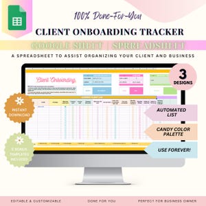 Puede incluir: Un monitor de computadora muestra una hoja de cálculo titulada "Client Onboarding Tracker". La hoja de cálculo está diseñada con una paleta de colores caramelo e incluye una lista automatizada. La imagen también presenta el texto "Descarga instantánea" y "5 plantillas de bonificación incluidas".