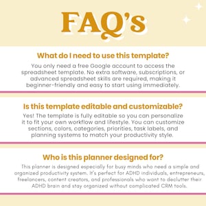 Op de afbeelding: Een digitale plantemplates met de titel "FAQ's" in gouden letters. De template beantwoordt vragen over het gebruik, de bewerkbaarheid en de doelgroep. De achtergrond is lichtgeel met steraccenten.
