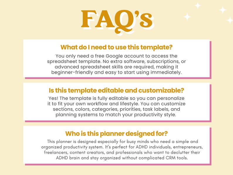 Op de afbeelding: Een digitale plantemplates met de titel "FAQ's" in gouden letters. De template beantwoordt vragen over het gebruik, de bewerkbaarheid en de doelgroep. De achtergrond is lichtgeel met steraccenten.