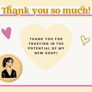 Op de afbeelding: Een digitale afbeelding met de tekst "Thank you so much!" in gouden letters. De afbeelding bevat een hartvorm, een roze hart en een lijntekening van een hart. Er is ook een cirkelvormige illustratie van een vrouw opgenomen.