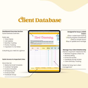 Op de afbeelding: Een digitale klantdatabase weergegeven op een tablet. Het scherm toont een spreadsheet met secties voor onboarding, tracking en beheer van klanten. Tekst omvat "Client Database" en "Client Onboarding."
