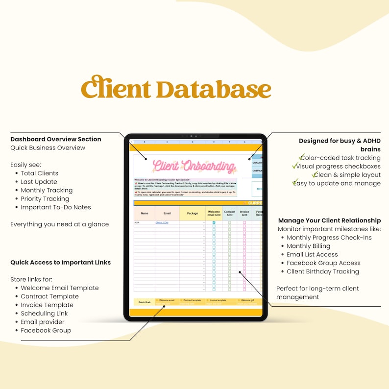 Op de afbeelding: Een digitale klantdatabase weergegeven op een tablet. Het scherm toont een spreadsheet met secties voor onboarding, tracking en beheer van klanten. Tekst omvat "Client Database" en "Client Onboarding."