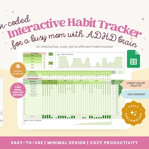 May include: A digital interactive habit tracker spreadsheet displayed on a screen with a white stylus. The interface features green color-coded grids, charts, and text including "Interactive Habit Tracker for a busy mom with ADHD brain."