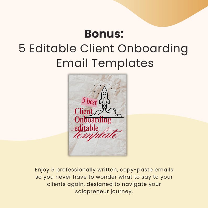 Op de afbeelding: Afbeelding met de tekst "Bonus: 5 Bewerkbare E-mailsjablonen voor Klant Onboarding." Een kleinere afbeelding toont een raket die wordt gelanceerd met de woorden "5 beste bewerkbare Klant Onboarding sjabloon."