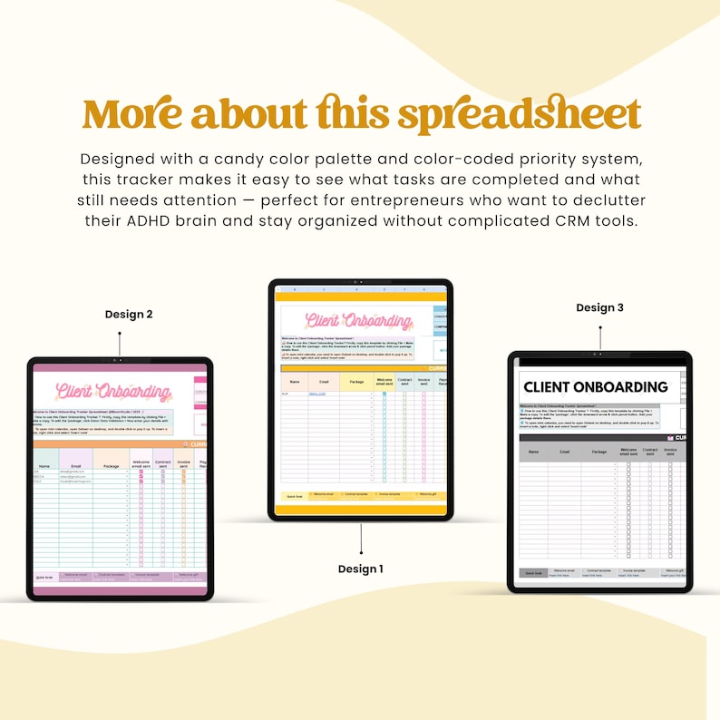 Op de afbeelding: Drie digitale tabletschermen met spreadsheetontwerpen. De tekst "More about this spreadsheet" staat bovenaan. De ontwerpen hebben een snoepkleurenpalet en de tekst "Client Onboarding" is op twee schermen zichtbaar. De tekst beschrijft de spreadsheet als een tool.