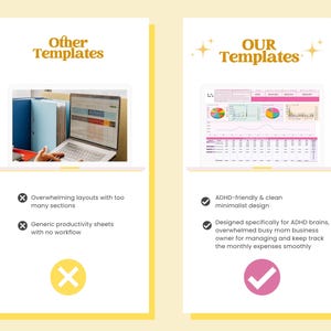 Puede incluir: Un gr&aacute;fico comparativo con dos paneles blancos. El panel izquierdo titulado Other Templates muestra un port&aacute;til con una hoja de c&aacute;lculo y dos iconos X. El panel derecho titulado OUR Templates muestra un panel de control colorido y dos marcas de verificaci&oacute;n.
