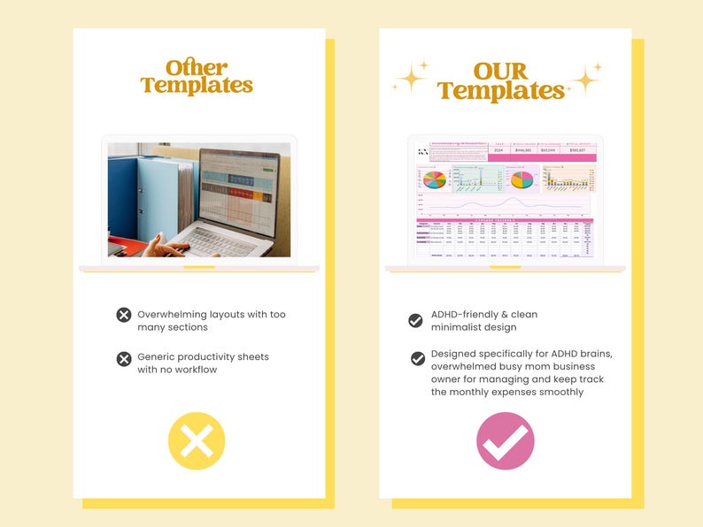 Puede incluir: Un gr&aacute;fico comparativo con dos paneles blancos. El panel izquierdo titulado Other Templates muestra un port&aacute;til con una hoja de c&aacute;lculo y dos iconos X. El panel derecho titulado OUR Templates muestra un panel de control colorido y dos marcas de verificaci&oacute;n.