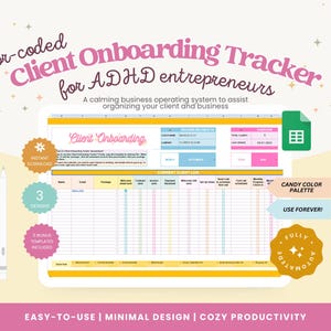 Op de afbeelding: Een digitale spreadsheet sjabloon genaamd "Client Onboarding Tracker" voor ADHD-ondernemers. Het ontwerp heeft een snoepkleurenpalet en bevat de tekst "Direct downloaden", "3 ontwerpen" en "5 bonus sjablonen inbegrepen".