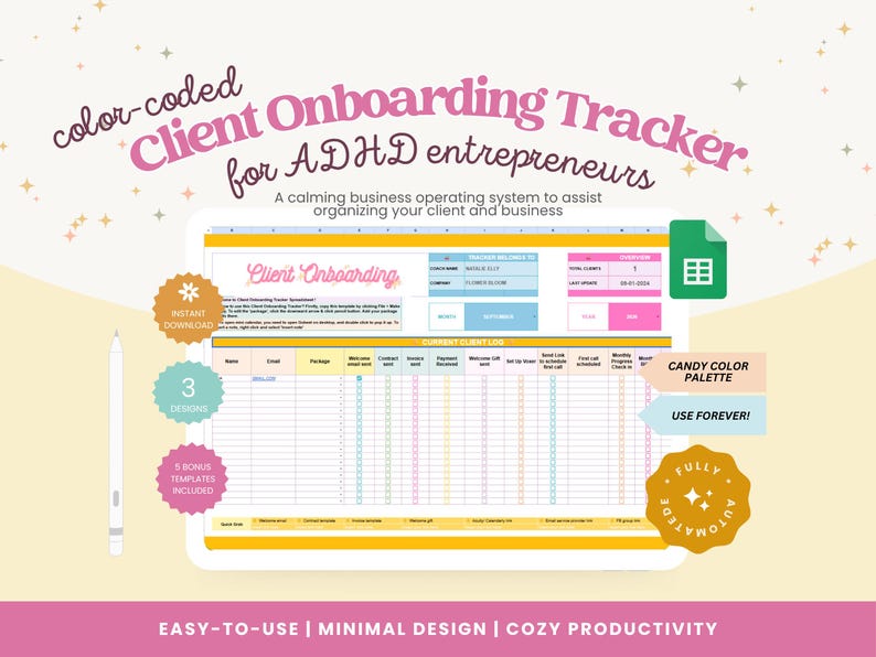 Op de afbeelding: Een digitale spreadsheet sjabloon genaamd "Client Onboarding Tracker" voor ADHD-ondernemers. Het ontwerp heeft een snoepkleurenpalet en bevat de tekst "Direct downloaden", "3 ontwerpen" en "5 bonus sjablonen inbegrepen".
