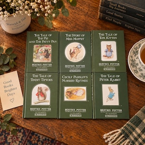 May include: A collection of six green hardcover Beatrix Potter books titled The Tale of the Pie and the Patty Pan, The Story of Miss Moppet, The Tale of Tom Kitten, The Tale of Timmy Tiptoes, Cecily Parsley's Nursery Rhymes, and The Tale of Peter Rabbit.