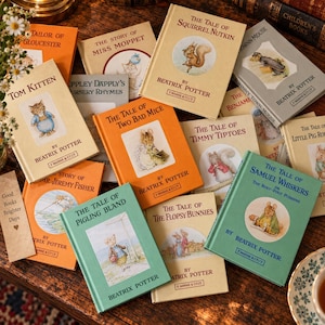 May include: A collection of Beatrix Potter books with colourful hardcovers featuring illustrations of animals like squirrels, mice, and kittens. Titles include The Tale of Squirrel Nutkin, The Tale of Two Bad Mice, and The Tale of Samuel Whiskers.