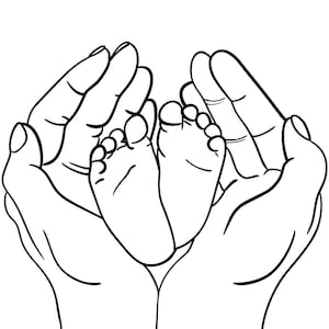 Puede incluir: Un dibujo en blanco y negro de dos manos sosteniendo los pies de un bebé.