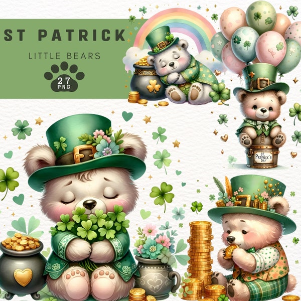 Watercolor St Patricks Day Little Bears Png, cute , clipart,  Sublimation Designs, Shamrock, pot of gold, harp,  horseshoe, pastel