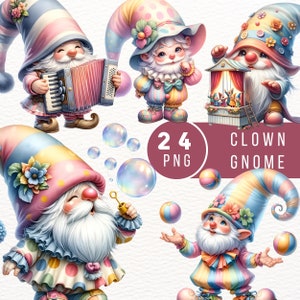 Lindo payaso gnomo acuarela clipart - adorables ilustraciones temáticas de circo para la elaboración, descarga digital para scrapbooking y decoración