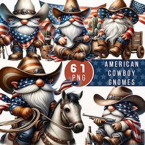 Clipart nain de cow-boy américain aquarelle, célébration de la fête de l'indépendance, graphiques festifs de gnome du 4 juillet pour projets de bricolage
