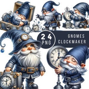 Peut inclure: Un ensemble de 24 illustrations numériques représentant des gnomes habillés en horlogers. Les gnomes portent des vêtements bleus et blancs et ont des barbes blanches. Ils tiennent des horloges, des outils et d'autres fournitures d'horlogerie. Les illustrations sont de style cartoon et sont parfaites pour une utilisation dans le scrapbooking numérique, la fabrication de cartes et d'autres projets d'artisanat.