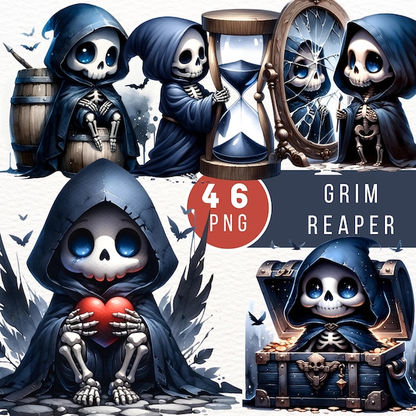 Cute Grim Reaper Watercolor Clipart for Halloween - Perfect for Invitations, Decorations, and DIY Crafts