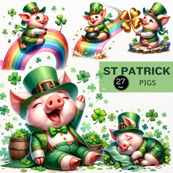 Watercolor St Patricks Day Little Pigs Png, cute , clipart,  Sublimation Designs, Shamrock, pot of gold, harp,  horseshoe, rainbow