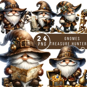 Aquarela encantadora do caçador de tesouros do gnomo - clipart de pintura mística para projetos criativos
