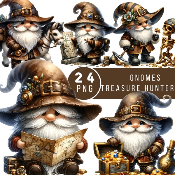 Enchanting Gnome Treasure Hunter Watercolor - Mystical Painting Clipart for Creative Projects