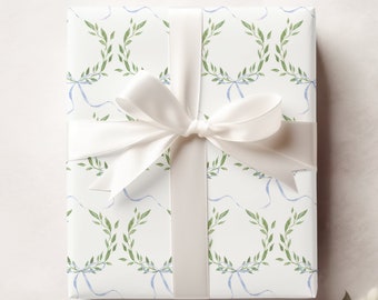 Blue Watercolor Bows Gift Wrap, Greenery Wrapping Paper, Wedding Birthday Baby Gifts