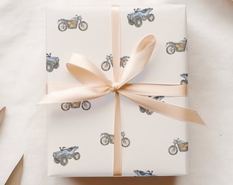Off Road Vehicle Wrapping, Motorcycle Gift Wrap, Birthday Party for Boy, Baby Shower Gifts for Him, Minimalist Design, Blue and Brown Paper