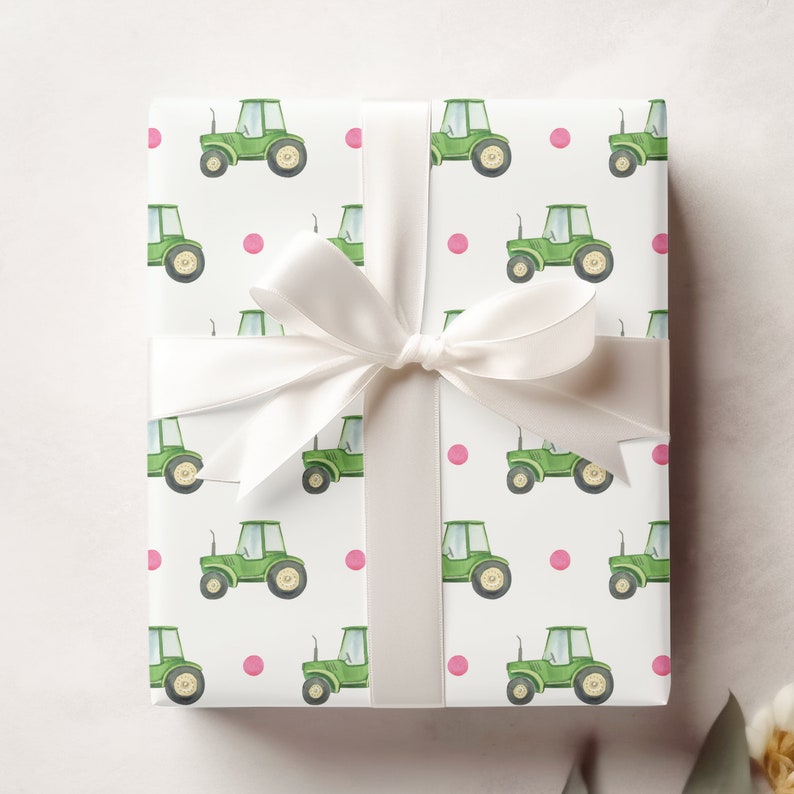 Watercolor Green Tractor Wrapping Paper, Pink Polka Dots Gift Wrap