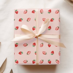 Watercolor Strawberry Wrapping Paper, Summer Fruit Gift Wrap, Birthday Party Baby Shower Hostess Gifts, Valentine&#39;s Wrapping