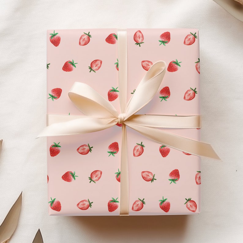 Watercolor Strawberry Wrapping Paper, Summer Fruit Gift Wrap, Birthday Party Baby Shower Hostess Gifts, Valentine's Wrapping image 1