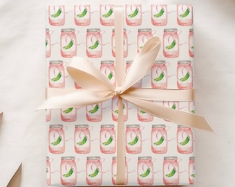 Pickle Wrapping, Illustrated Pickle Jar Gift Wrap, Watercolor Pink Bows, Canning Gift