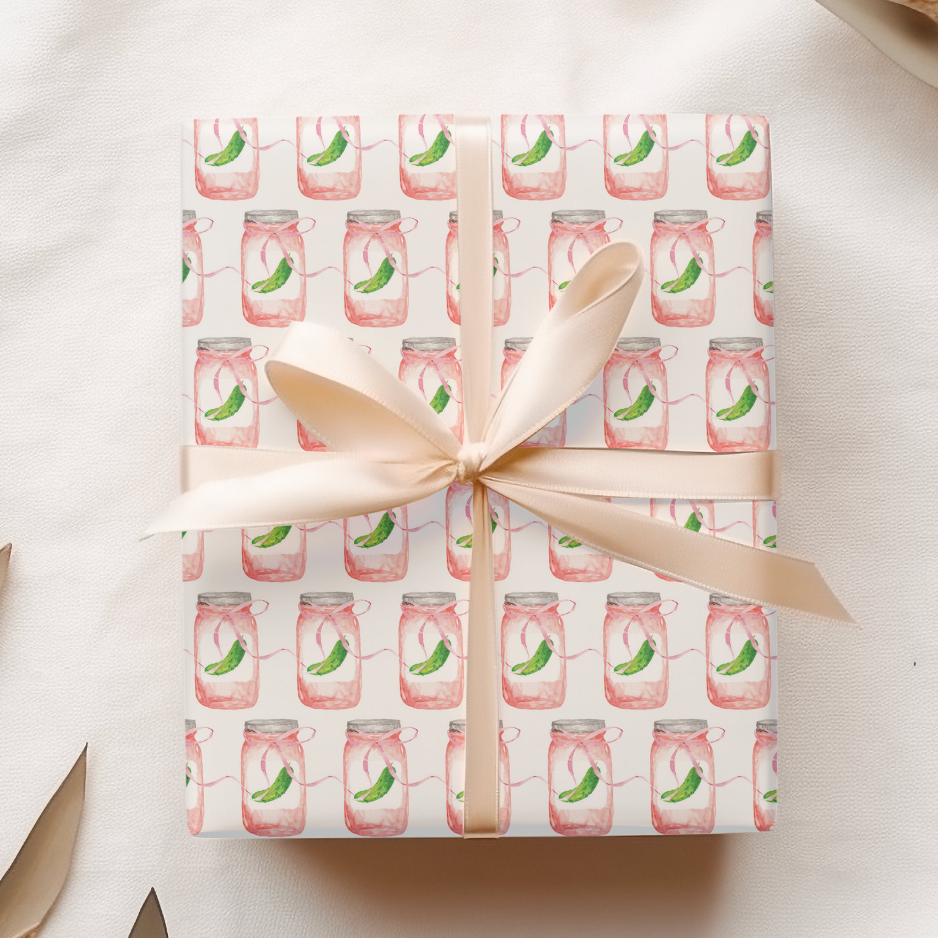 Pickle Wrapping, Illustrated Pickle Jar Gift Wrap, Watercolor Pink Bows, Canning Gift