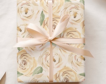 Watercolor Beige Rose Wrapping Paper, Wedding Shower Gift Wrap, Quality Gift Sheets for Bridal Party