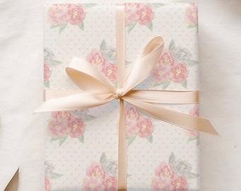 Watercolor Flower Bouquet Wrapping Paper, Pink Polka Dot Gift Wrap, Quality Floral Gift Sheets