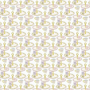 May include: A seamless pattern featuring a repeating design of a two-tiered cake stand with a cup and a macaron on each tier. The stand is decorated with a floral pattern in shades of pink, green, and yellow. The background is white.