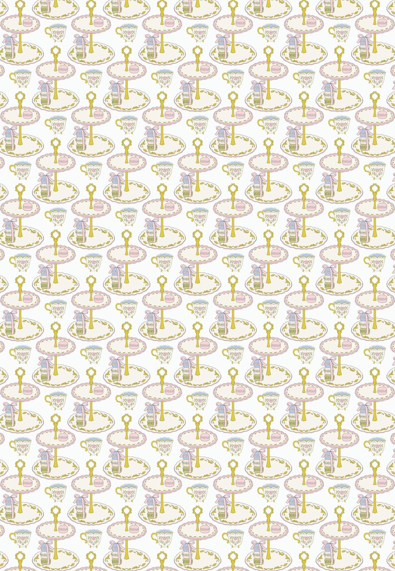 May include: A seamless pattern featuring a repeating design of a two-tiered cake stand with a cup and a macaron on each tier. The stand is decorated with a floral pattern in shades of pink, green, and yellow. The background is white.