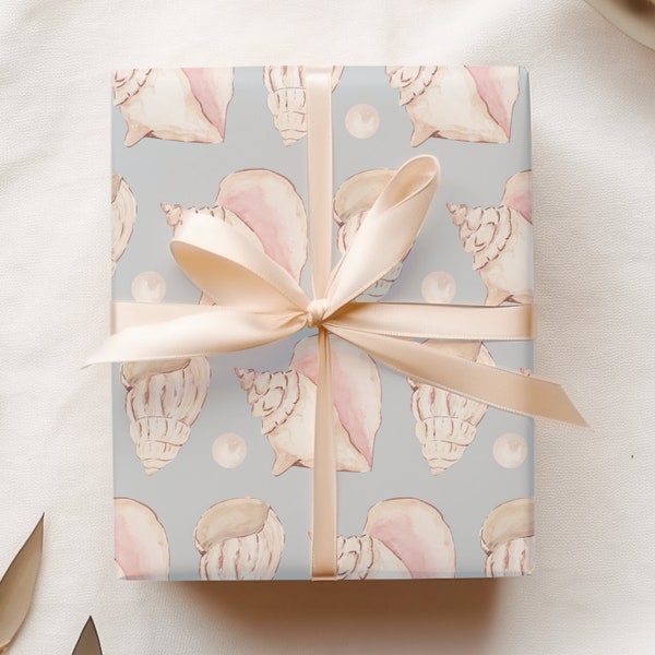 Seashells Wrapping Paper, Illustrated Shells Gift Wrap, Coastal Gift Sheets, Gift Ideas for Beach Lover, Seaside Wedding Present